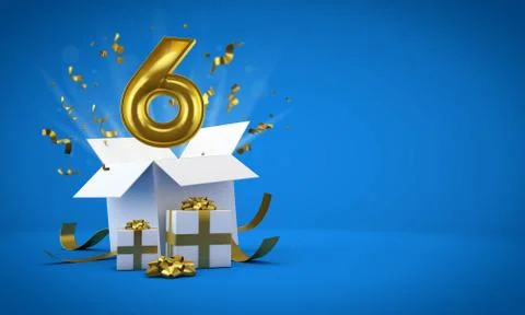 Number 6 exploding from a birthday present gift box. 3D Render Stock Illustration