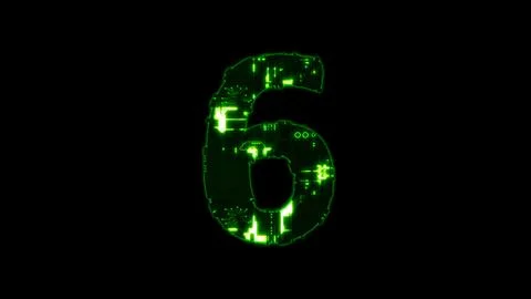 Number 6, shining high tech digital cyber punk green alphabet on black Stock Illustration