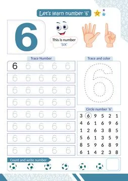 Number 6 tracing and counting worksheet for kids Stock Illustration