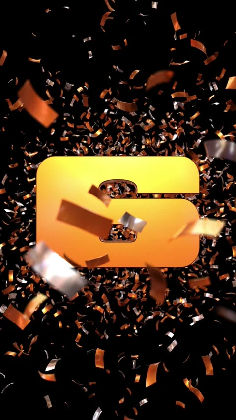 Number 6 which appears passing through a cloud of golden confetti on a blac.. Video stock 266844466