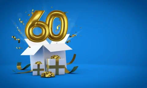 Number 60 exploding from a birthday present gift box. 3D Render Stock Illustration