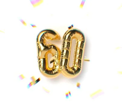 Number 60 Gold Balloon Text and Falling Soft Focus Confetti Stock Illustration
