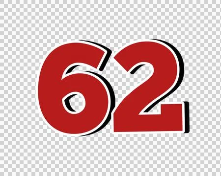 Number 62 Bold Red with White Outline sign symbol on Transparent Background 스톡 일러스트