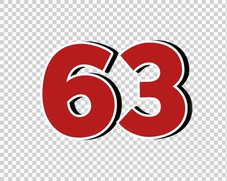 Number 63 Bold Red with White Outline sign symbol on Transparent Background 库存插图
