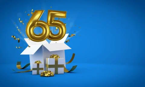 Number 65 exploding from a birthday present gift box. 3D Render イラスト素材