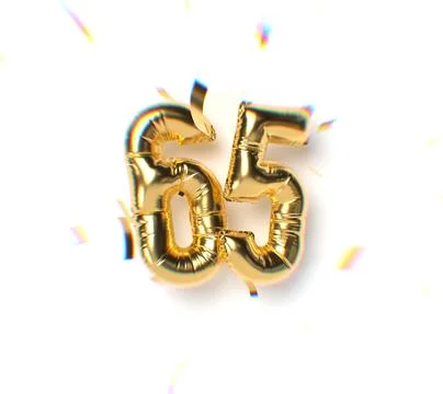 Number 65 Gold Balloon Text and Falling Soft Focus Confetti Stock Illustration