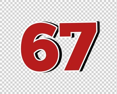 Number 67 Bold Red with White Outline sign symbol on Transparent Background Stock Illustration