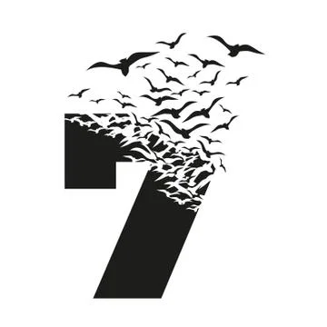Number 7 with effect of destruction. Dispersion. Birds Stock Illustration