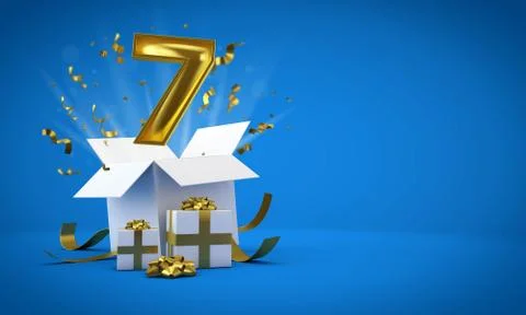 Number 7 exploding from a birthday present gift box. 3D Render Illustrazione stock