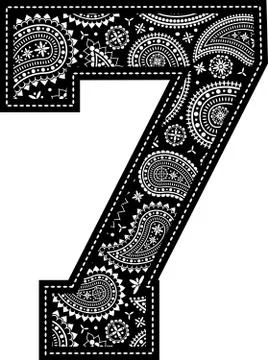 Number 7 with paisley pattern design. Embroidery style in black color. Isolat Stock Illustration