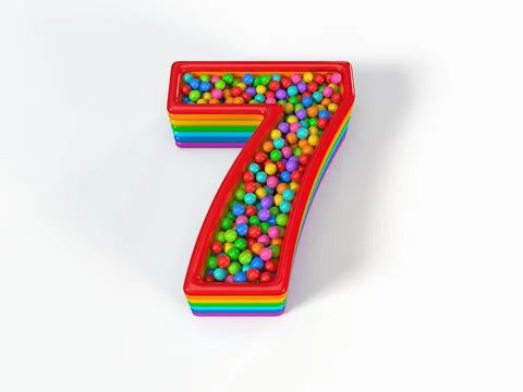 Number 7 shaped child pool filled with plastic toy balls. 3D illustration Stock Illustration