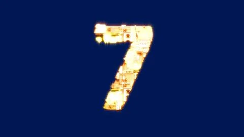 Number 7, technological blazing orange cyber punk alphabet on blue screen Stock Illustration