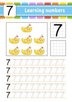Number 7. Trace and write. Handwriting practice. Learning numbers for kids. E Stock Illustration