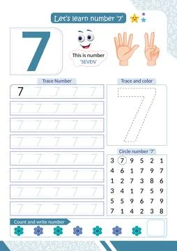 Number 7 tracing and counting worksheet for kids Stock Illustration