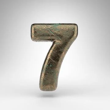Number 7 on white background. Bronze 3D number with oxidized scratched textur Stock Illustration