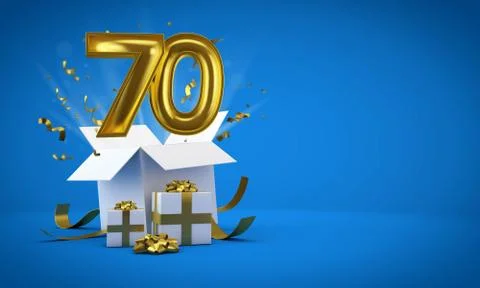 Number 70 exploding from a birthday present gift box. 3D Render Stock Illustration