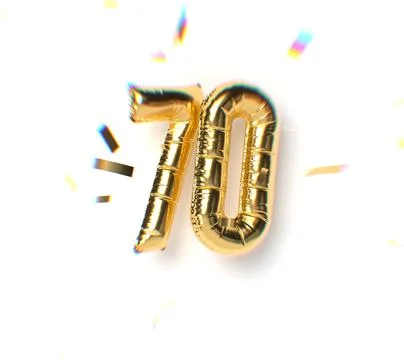Number 70 Gold Balloon Text and Falling Soft Focus Confetti Stock Illustration