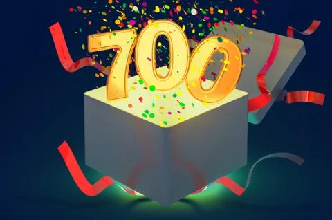 Number 700 inside gift box with confetti and shiny light, 3D rendering Illustration