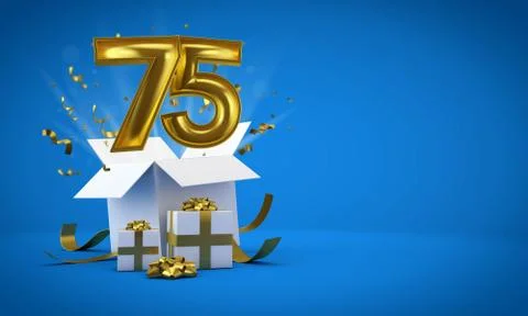 Number 75 exploding from a birthday present gift box. 3D Render Stock Illustration