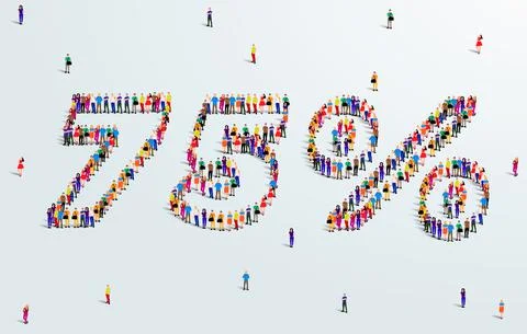 Number 75 Percent. Large group of people form to create a shape 75%. Stock Illustration
