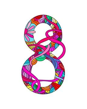 Number 8 decorated doodle pattern. Happy International Womens Day. Illustrazione stock
