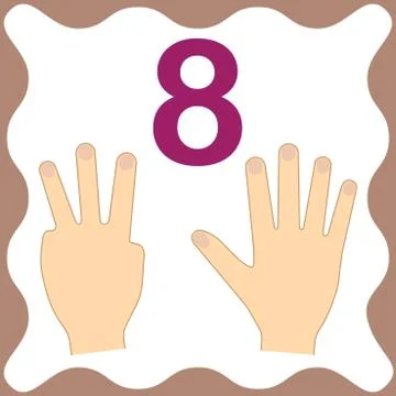Number 8 (eight), educational card, learning counting with fingers of hand Stock Illustration
