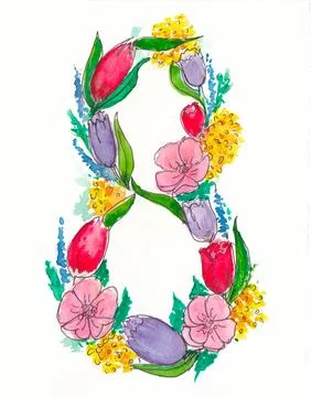 Number 8 from flowers. Spring background March 8 watercolor drawing. Stock Illustration