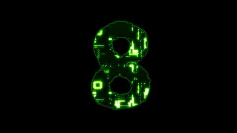 Number 8, glowing high tech digital cyberpunk green font on black Stock Illustration