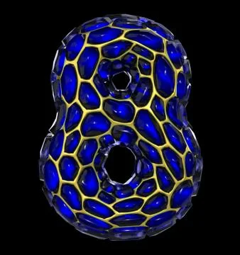 Number 8 made of golden shining metallic 3D with blue glass isolated on black Illustrazione stock