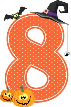 Number 8 with smiling pumpkins and halloween design elements isolated on whit Illustrazione stock