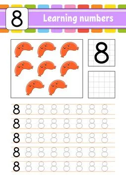 Number 8. Trace and write. Handwriting practice. Learning numbers for kids. E Stock Illustration