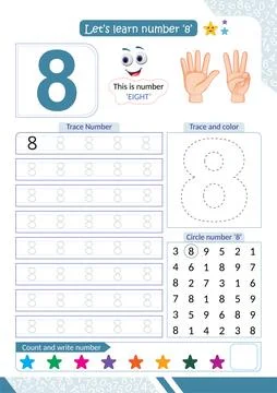 Number 8 tracing and counting worksheet for kids Stock Illustration