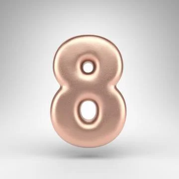 Number 8 on white background. Matte copper 3D number with shiny metallic text Ilustração Stock