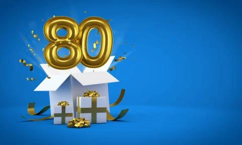 Number 80 exploding from a birthday present gift box. 3D Render Illustrazione stock