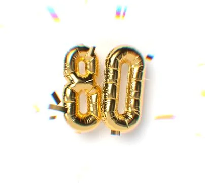 Number 80 Gold Balloon Text and Falling Soft Focus Confetti Stock Illustration