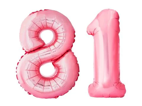 Number 81 eighty one of rose gold inflatable balloons isolated on white Stock Photos