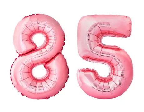 Number 85 eighty five of rose gold inflatable balloons isolated on white Stock Photos