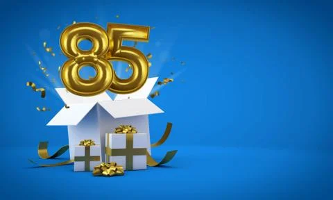 Number 85 exploding from a birthday present gift box. 3D Render Illustrazione stock