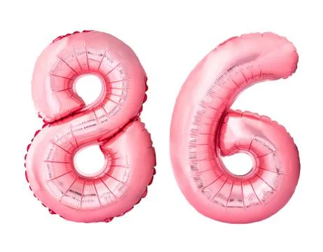 Number 86 eighty six of rose gold inflatable balloons isolated on white Stock Photos