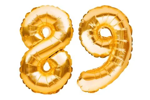 Number 89 eighty nine made of golden inflatable balloons isolated on white. H Stock Photos