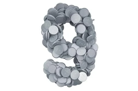 Number 9 from button cells, 3D rendering Stock Illustration