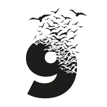 Number 9 with effect of destruction. Dispersion. Birds Stock Illustration