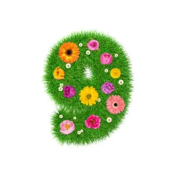 Number 9 made of grass and colorful flowers Stock Illustration