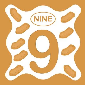 Number 9 (nine), educational card, learning counting with vegetables, math 库存插图