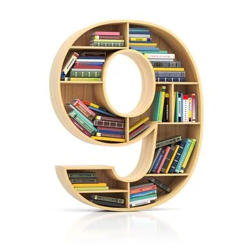 Number 9 nine in form of bookshelf with book and texbooks. Educational and le Stock Illustration