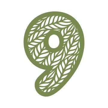 Number 9 (nine) with leaf pattern.  Stock Illustration
