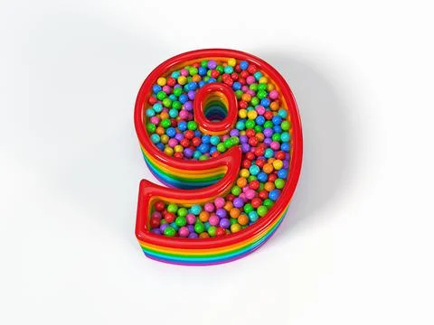 Number 9 shaped child pool filled with plastic toy balls. 3D illustration Stock Illustration