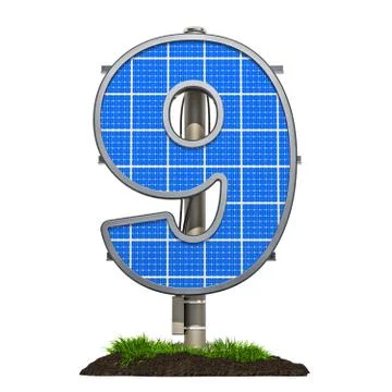 Number 9. Solar panel in shaped of number 9, 3D rendering Stock Illustration