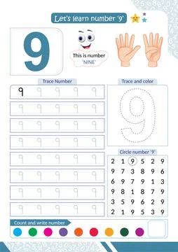Number 9 tracing and counting worksheet for kids Stock Illustration