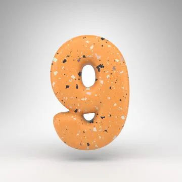 Number 9 on white background. 3D number with orange terrazzo pattern texture. Stock Illustration